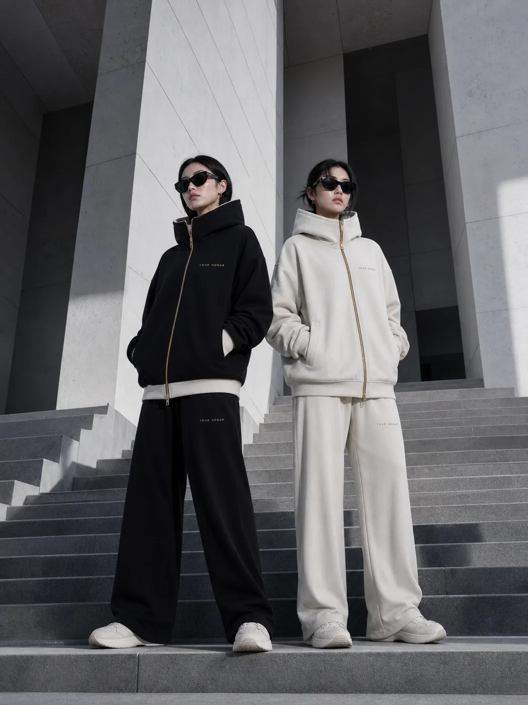 Reversible heavyweight hoodie — black and cream sets on concrete stairs · Your Honur Vol. I